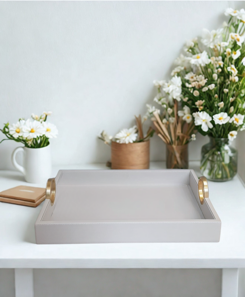 Windsor Luxe Bar Beige Leather Tray - Large