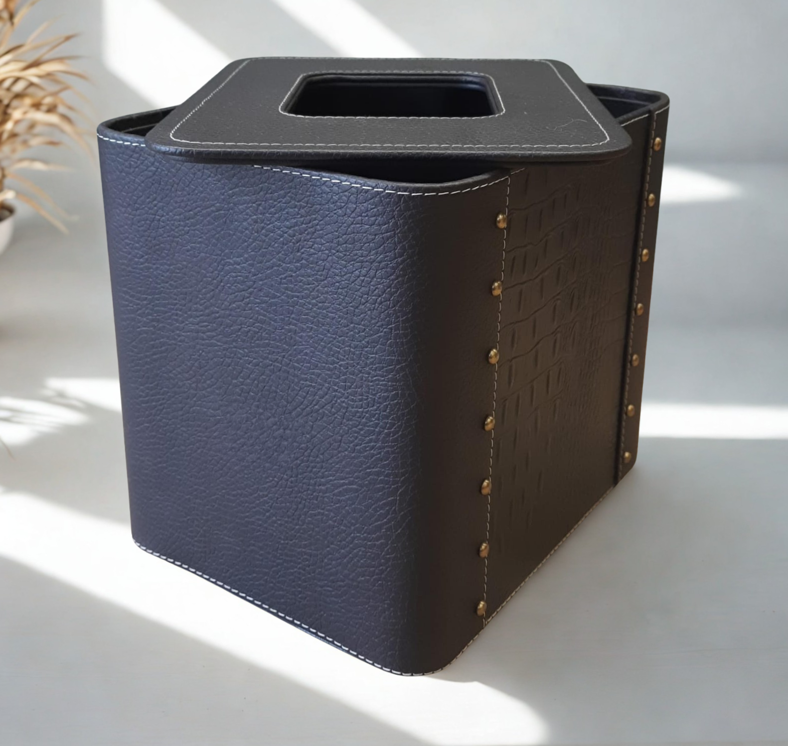 Grosvenor Black Croc Leather Bin with Stud Accents