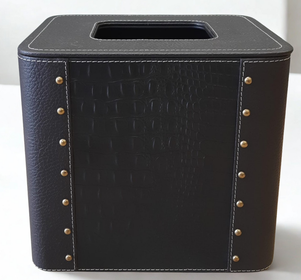Grosvenor Black Croc Leather Bin with Stud Accents