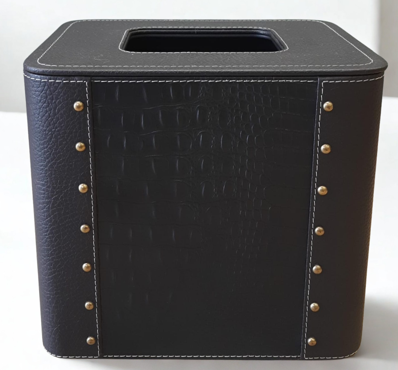 Grosvenor Black Croc Leather Bin with Stud Accents