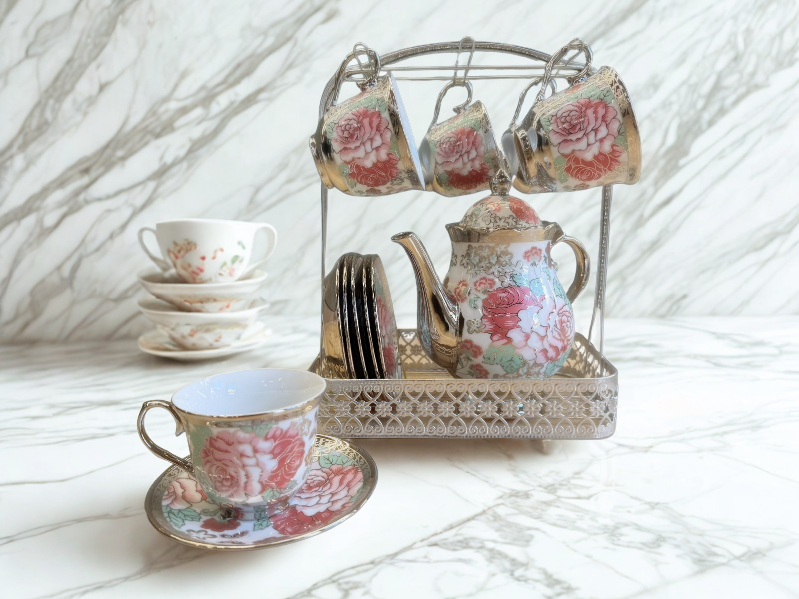 Sovereign Rose Tea Set - white accents