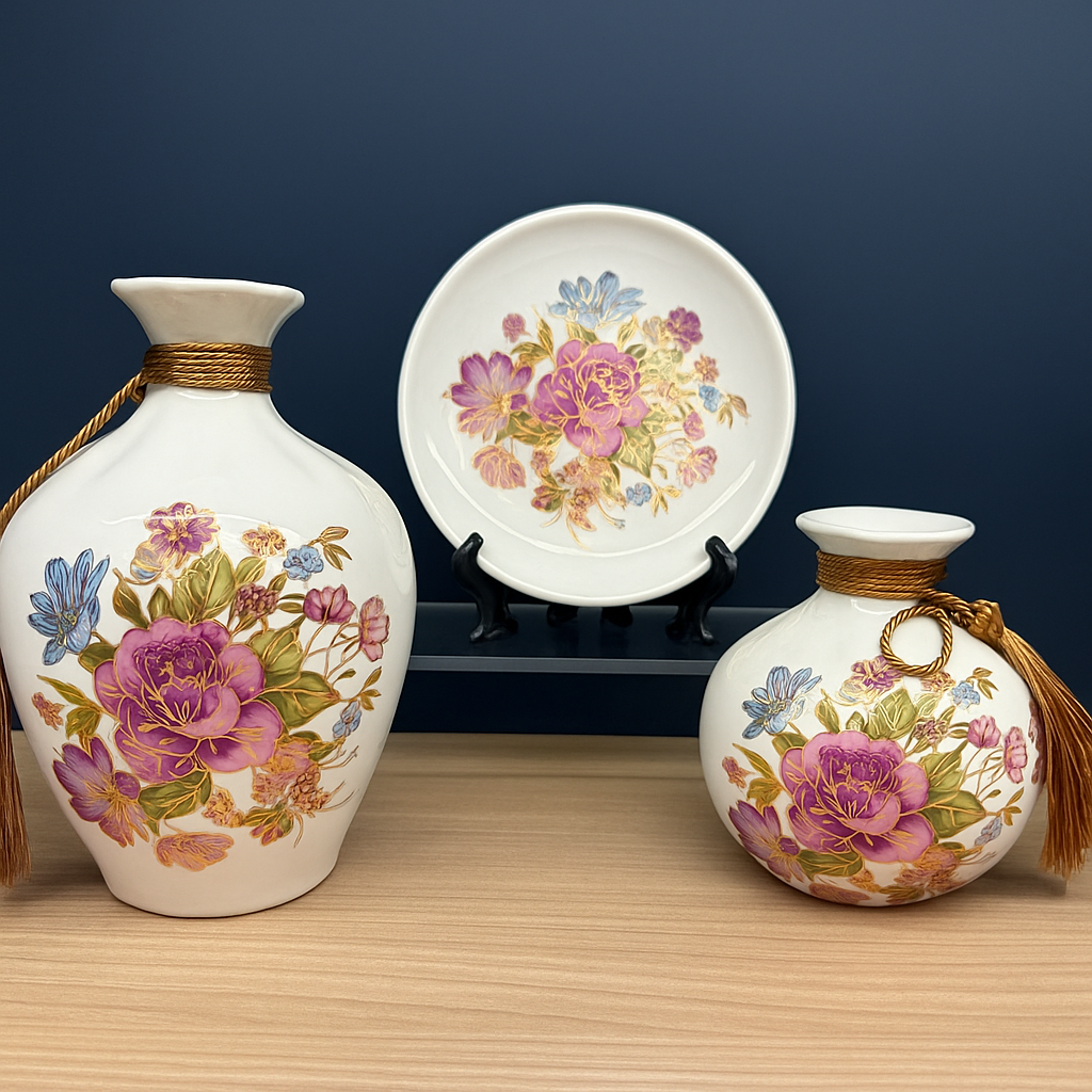Golden Harmony Bloom – 3 Piece Ceramic Set