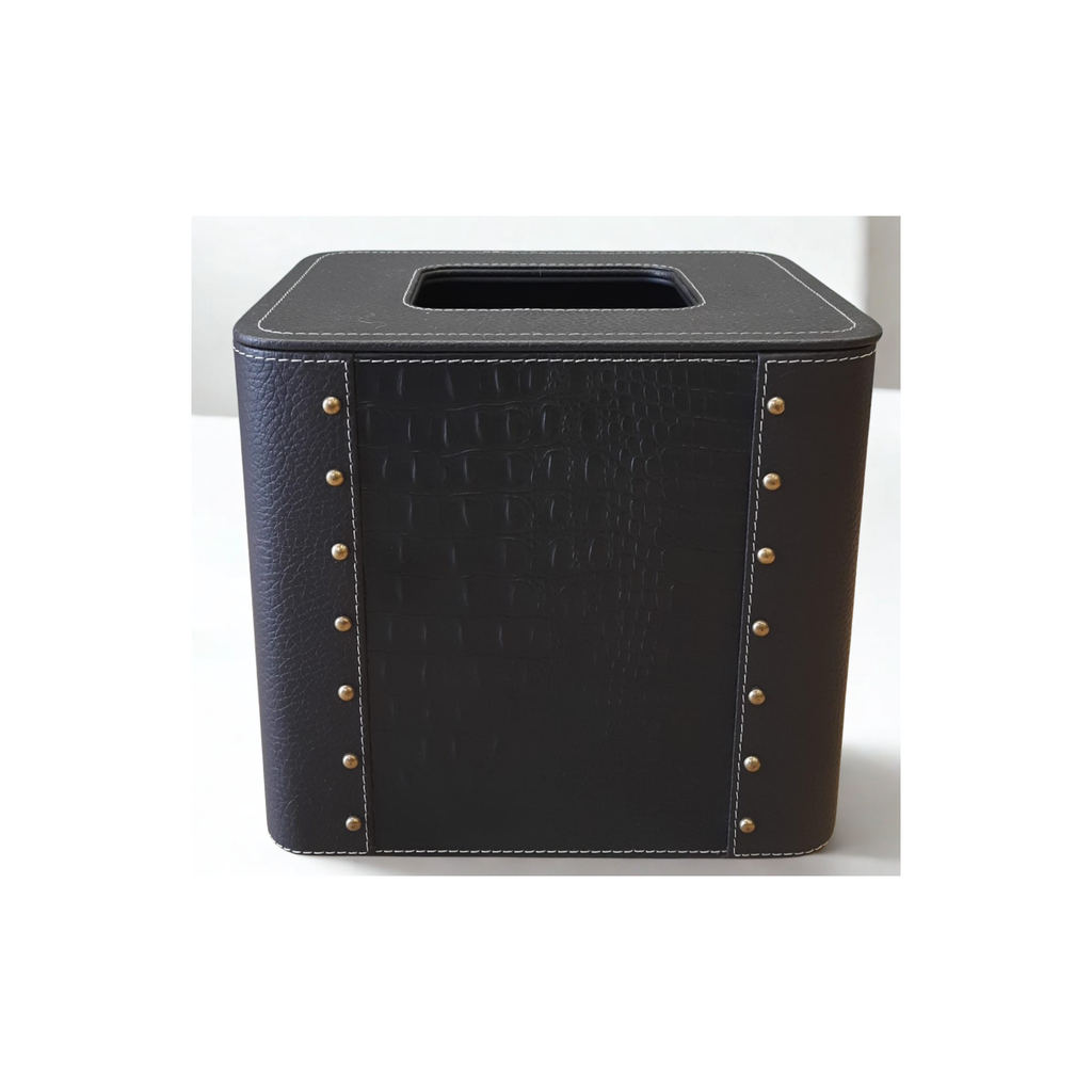 Grosvenor Black Croc Leather Bin with Stud Accents